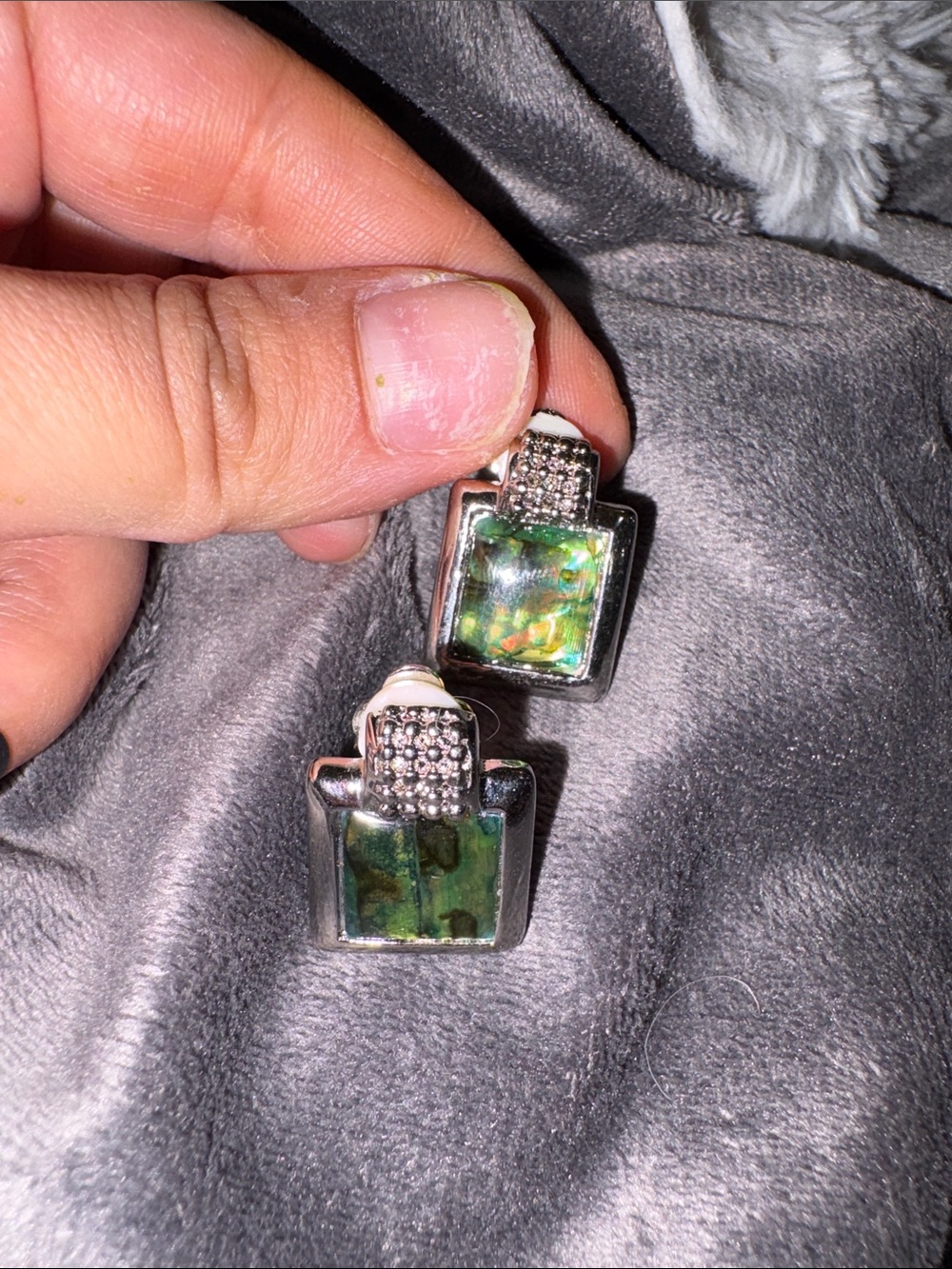 Vintage ammolite Green Abalone Square Drop Earrings - clip one